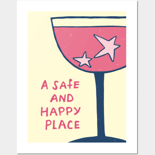 A safe and happy place, Glass of wine, Fun art, Retro print, Kitchen wall art, Positive vibes Posters and Art